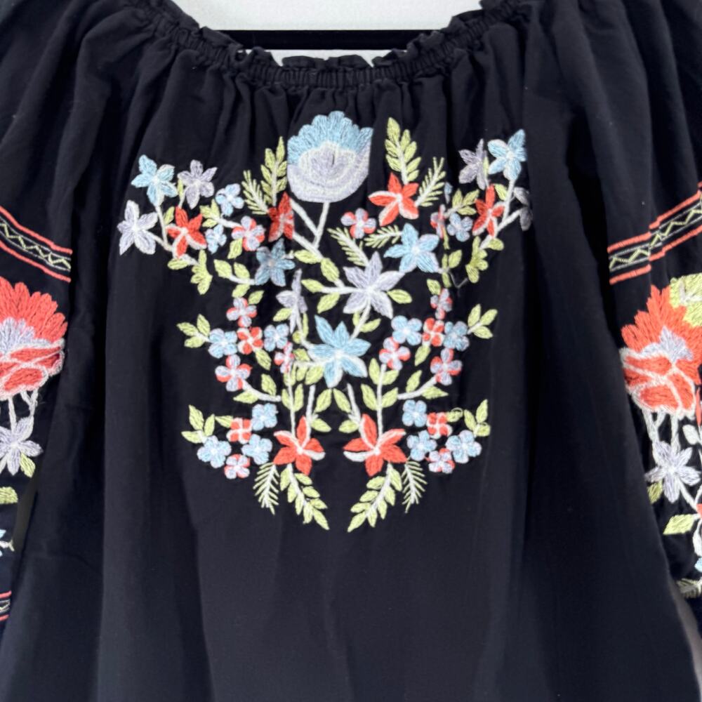 Free People Off Shoulder Embroidered Boho black Blouse Black Floral Oversized - Picture 6 of 7